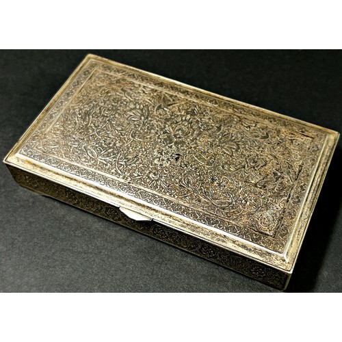 209 - A silver Persian cigarette case with birds and Arabesque design, indistinct hallmarks, 14x8cm, 9oz