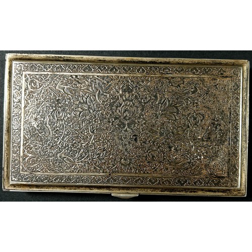 209 - A silver Persian cigarette case with birds and Arabesque design, indistinct hallmarks, 14x8cm, 9oz