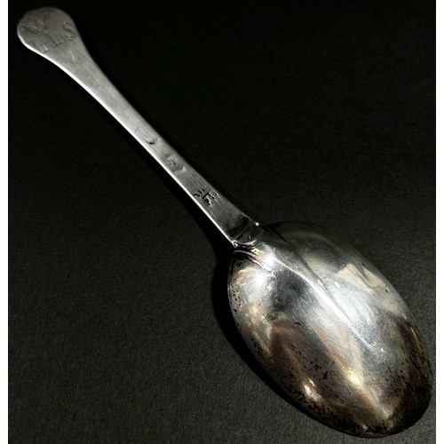 213 - An early 18th Century silver dog nose designed table spoon, etched with the initials 'W.H.S' to the ... 