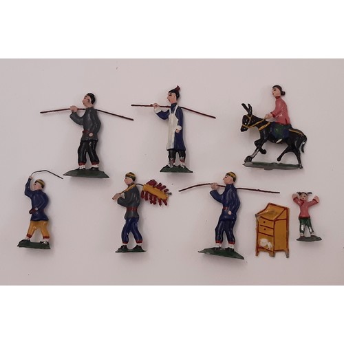 880 - Early 20th century Chinese lead 'flat' figures comprising 5 peasant characters (tallest is 48mm), a ... 