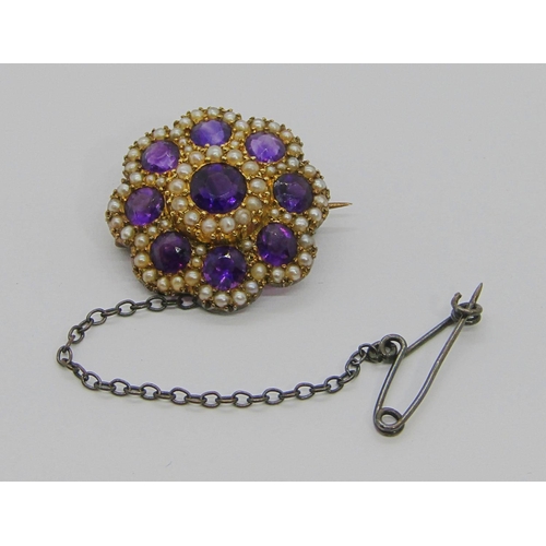 254 - Late Victorian amethyst and seed pearl daisy cluster brooch, 2.1cm diameter approx, 4.2g