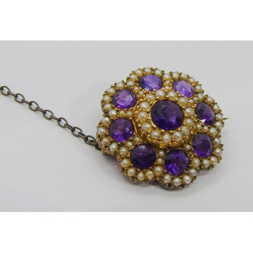 254 - Late Victorian amethyst and seed pearl daisy cluster brooch, 2.1cm diameter approx, 4.2g