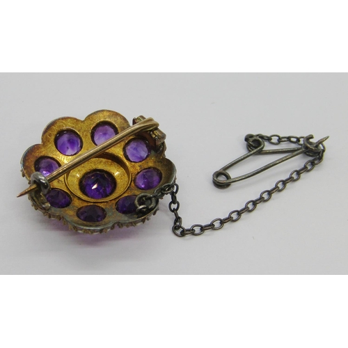 254 - Late Victorian amethyst and seed pearl daisy cluster brooch, 2.1cm diameter approx, 4.2g