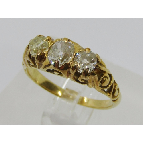 257 - Victorian yellow metal three stone old-cut diamond ring, centre stone 0.45ct approx, outer stones ea... 