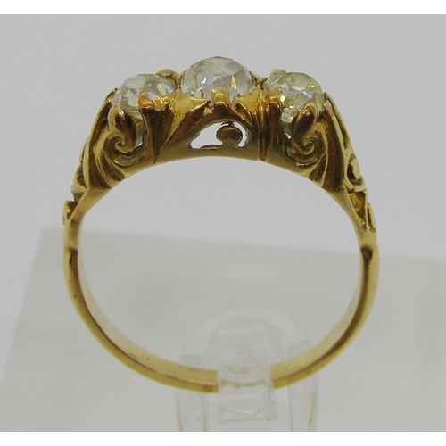 257 - Victorian yellow metal three stone old-cut diamond ring, centre stone 0.45ct approx, outer stones ea... 