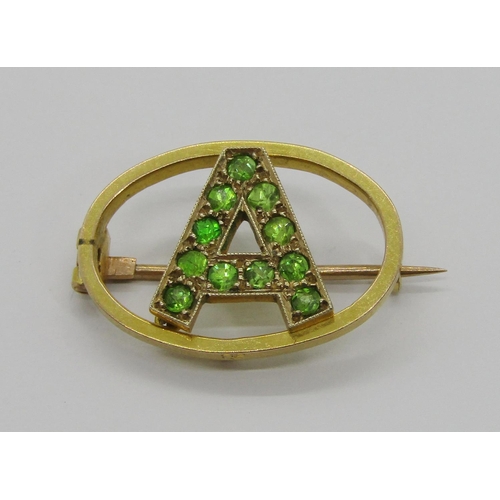 258 - Edwardian 9ct initial / letter 'A' brooch set with demantoid garnets, 2.1cm W approx, 2.2g