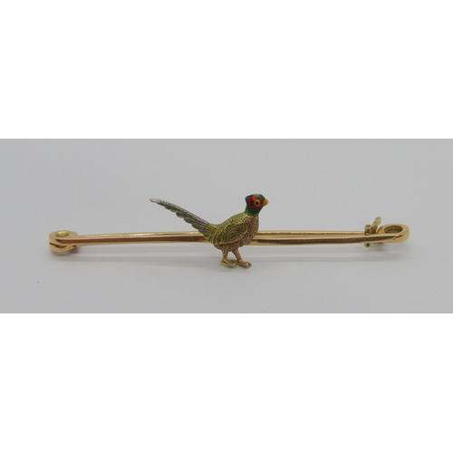 259 - Early 20th century 15ct platinum set pheasant bar brooch with enamelled detail to head, 5.9cm W appr... 