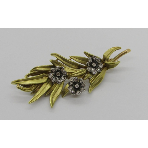 262 - Mid 20th century floral spray brooch set with diamonds in bi-colour metal, 4.9cm approx, 8.7g