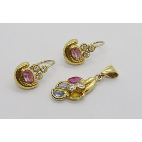 269 - Pair of Italian 18ct gem set earrings, together with a similar 18ct multi gem set pendant, 6.7g tota... 