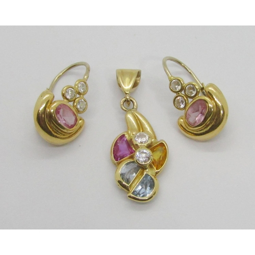 269 - Pair of Italian 18ct gem set earrings, together with a similar 18ct multi gem set pendant, 6.7g tota... 