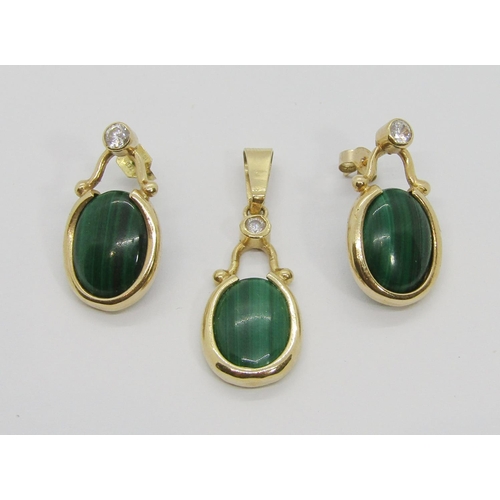 270 - 10k malachite and white stone suite comprising pendant and pair of earrings stamped 'ZED', 9.2g tota... 