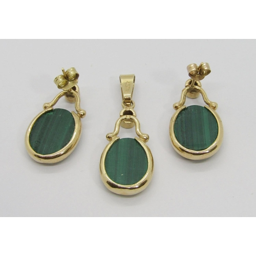 270 - 10k malachite and white stone suite comprising pendant and pair of earrings stamped 'ZED', 9.2g tota... 