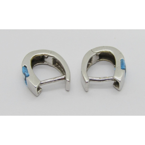 271 - Pair of 18ct white gold hinged earrings set with blue spinel, maker 'BO', Sheffield, 4.7g