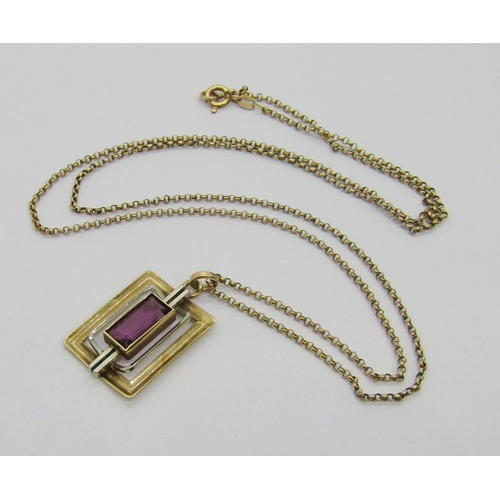 284 - Modernist yellow metal pendant necklace of rectangular form set with amethyst coloured paste, maker ... 