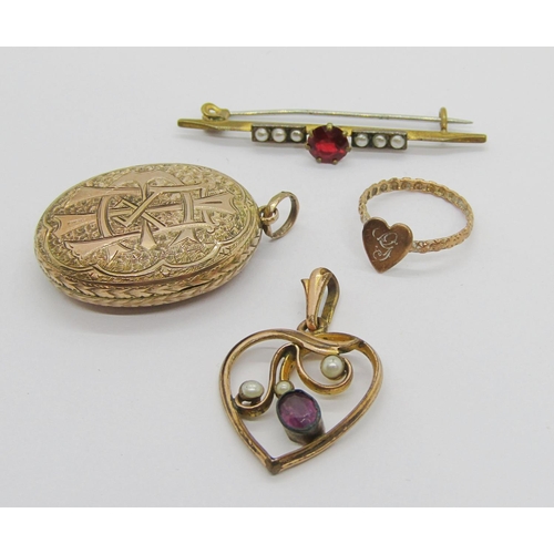 293 - Group of antique jewellery to include a Victorian engraved and monogrammed locket, a small 19th cent... 