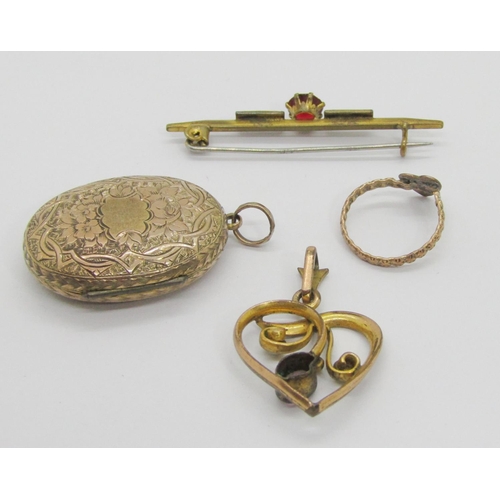 293 - Group of antique jewellery to include a Victorian engraved and monogrammed locket, a small 19th cent... 