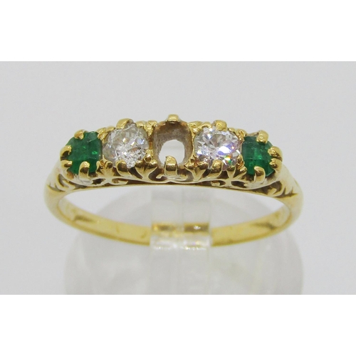 294 - Antique 18ct emerald and diamond five stone ring, marks worn, size N, 2.9g (af)