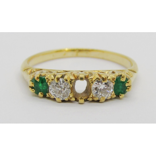 294 - Antique 18ct emerald and diamond five stone ring, marks worn, size N, 2.9g (af)