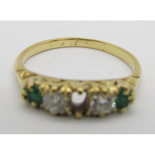 294 - Antique 18ct emerald and diamond five stone ring, marks worn, size N, 2.9g (af)