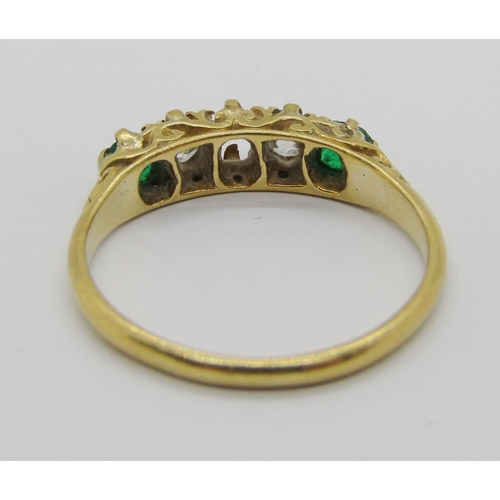 294 - Antique 18ct emerald and diamond five stone ring, marks worn, size N, 2.9g (af)