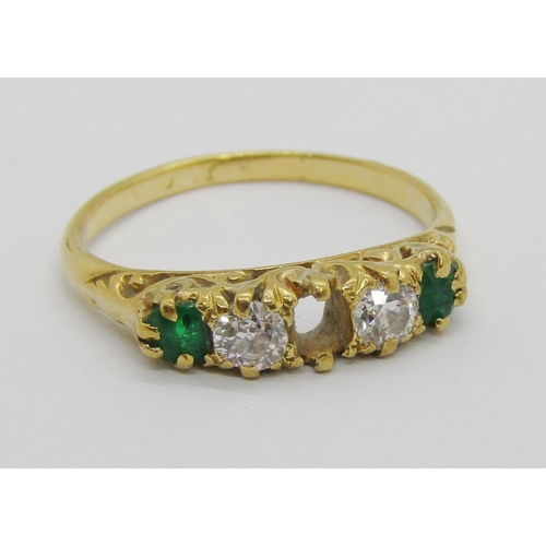 294 - Antique 18ct emerald and diamond five stone ring, marks worn, size N, 2.9g (af)