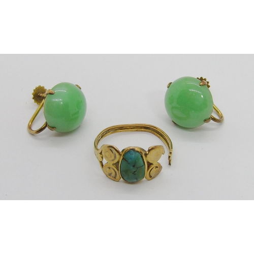 296 - Pair of 9ct cabochon jadeite earrings with screw fastenings, together with an Arts & Crafts style sc... 