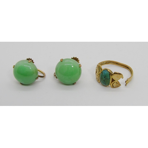 296 - Pair of 9ct cabochon jadeite earrings with screw fastenings, together with an Arts & Crafts style sc... 