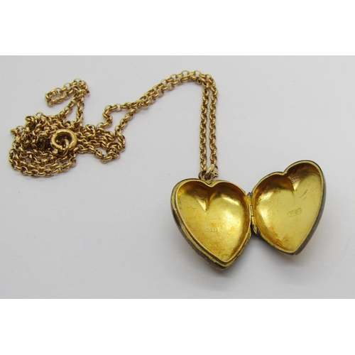 297 - Late Victorian 9ct heart shaped locket, maker Jackson Brothers, Birmingham 1898, hung from a later 9... 