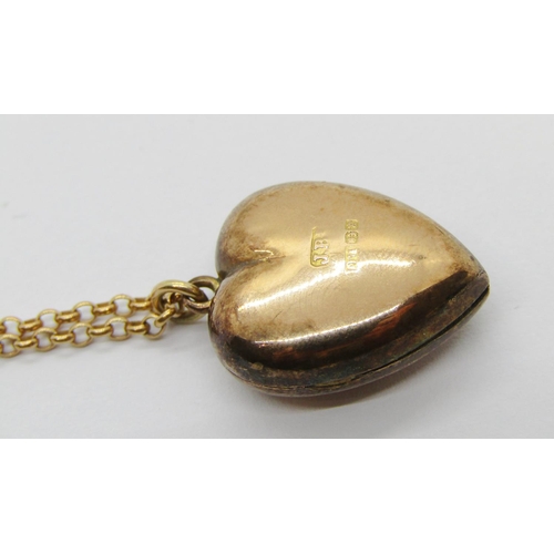 297 - Late Victorian 9ct heart shaped locket, maker Jackson Brothers, Birmingham 1898, hung from a later 9... 