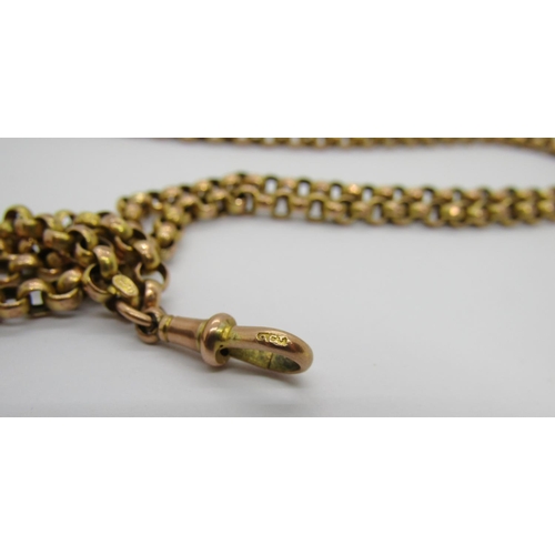 304 - Antique 9ct belcher link long guard chain, 150cm L approx, 48.6g