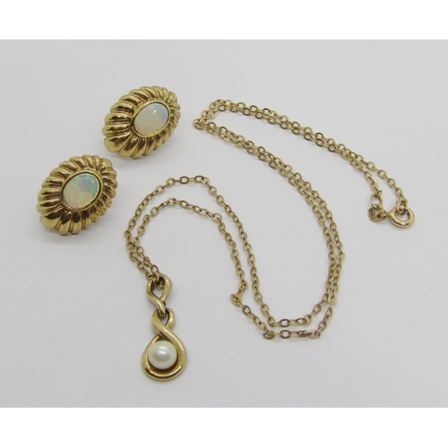 306 - Stylised pair of 9ct cabochon opal earrings and a 9ct pearl pendant necklace, 7.6 total (3)