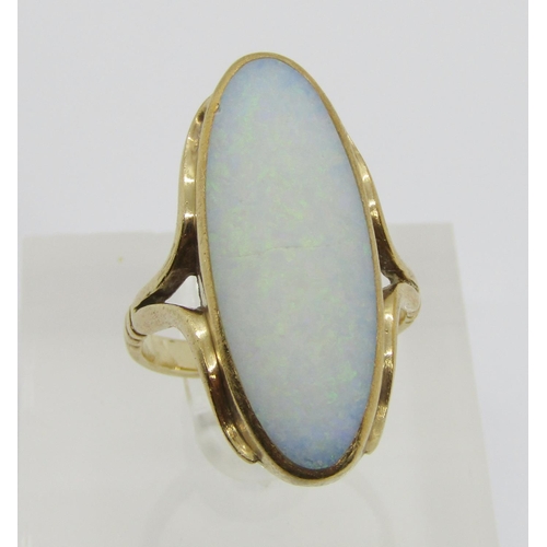 307 - Arts & Crafts style 9ct oval cabochon opal dress ring, maker 'OL', Sheffield 1993, size Q, 8.4g (wor... 