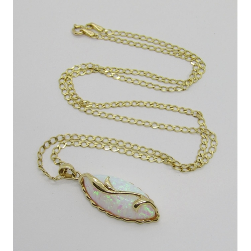 310 - 14ct marquise-cut cabochon opal pendant hung from a 14ct curb link chain necklace, chain 50cm L appr... 