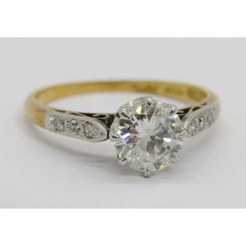 316 - Early 20th century 18ct diamond ring with platinum setting, the centre claw set stone 0.75ct approx,... 