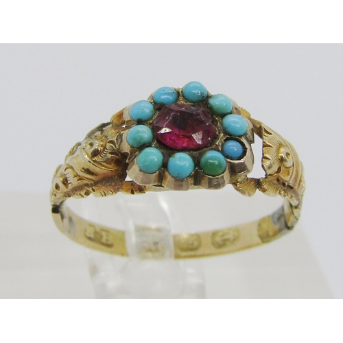 317 - 19th century 12ct garnet and turquoise cluster ring, maker 'H.H', Birmingham, size M, 1.5g (af)