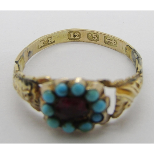 317 - 19th century 12ct garnet and turquoise cluster ring, maker 'H.H', Birmingham, size M, 1.5g (af)