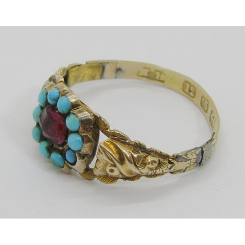 317 - 19th century 12ct garnet and turquoise cluster ring, maker 'H.H', Birmingham, size M, 1.5g (af)