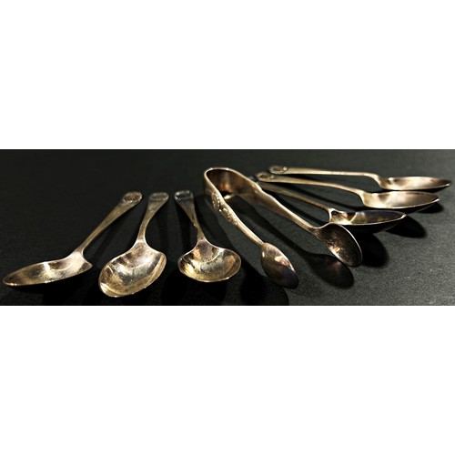 230 - A cased set of six silver teaspoons, a sugar tong and a selection of loose silver and silver plated ... 