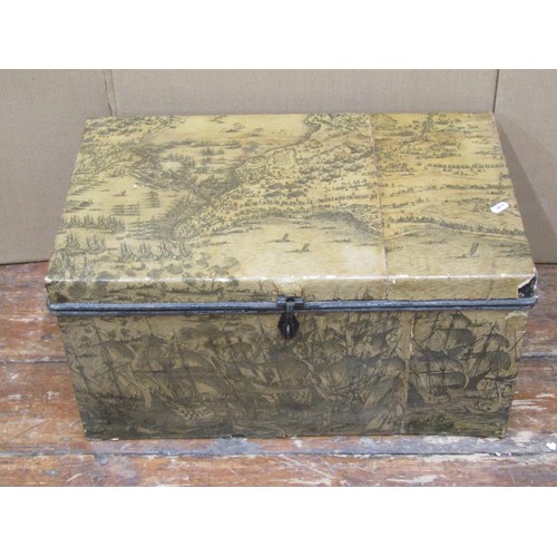 196 - A japanned metal deed box, pewter tankards, timber box, etc