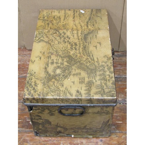 196 - A japanned metal deed box, pewter tankards, timber box, etc