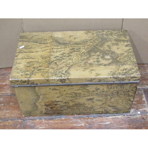 196 - A japanned metal deed box, pewter tankards, timber box, etc