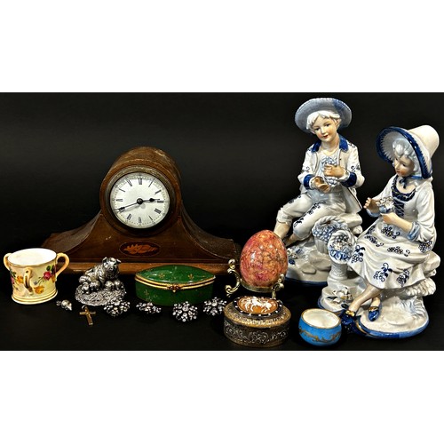 135 - Mixed Chinese porcelain, pair of blue & white figures, small mantle clock, silver clad model of pigs... 