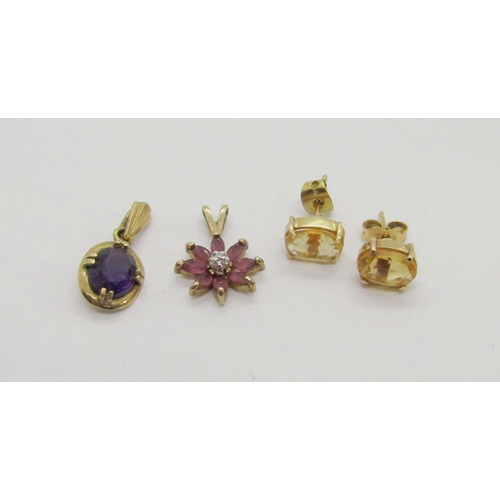 330 - Group of jewellery comprising a 9ct amethyst pendant, a further 9ct ruby and diamond cluster pendant... 