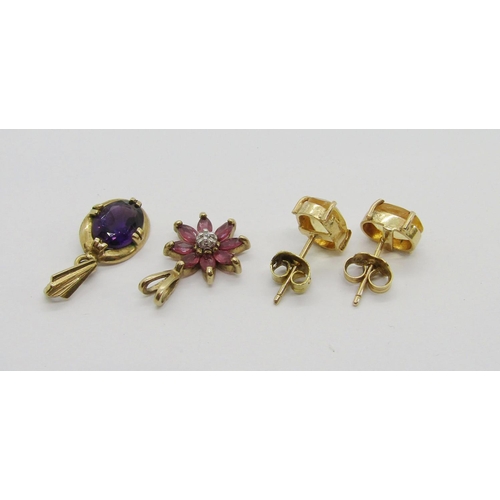 330 - Group of jewellery comprising a 9ct amethyst pendant, a further 9ct ruby and diamond cluster pendant... 