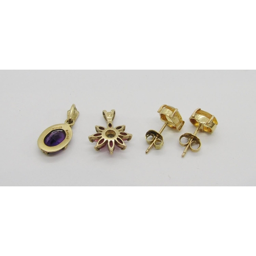 330 - Group of jewellery comprising a 9ct amethyst pendant, a further 9ct ruby and diamond cluster pendant... 