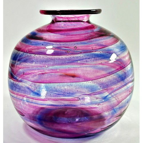 147 - A large Isle of Wight studio glass ‘globe’ vase, banded with pink and blue swirls, with flame mark t... 