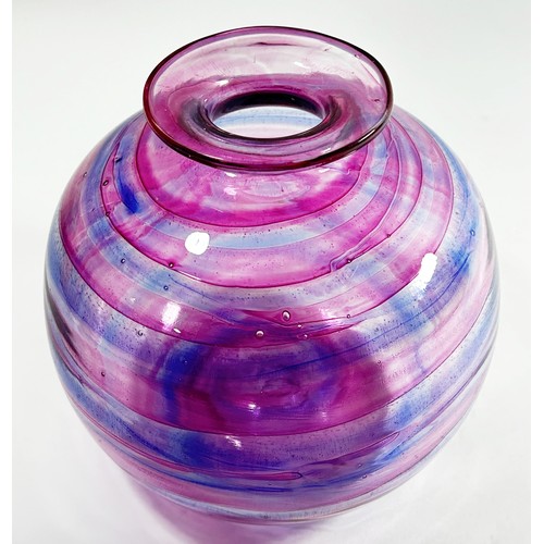 147 - A large Isle of Wight studio glass ‘globe’ vase, banded with pink and blue swirls, with flame mark t... 