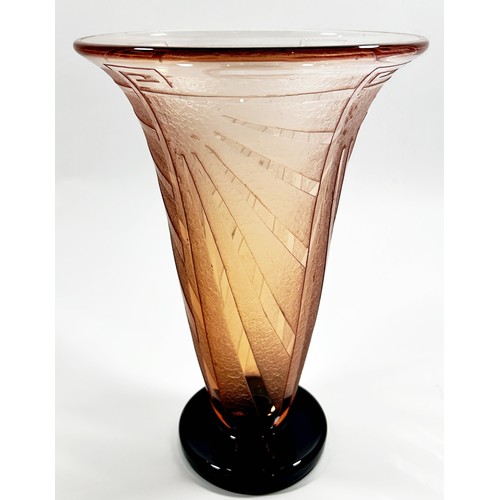 149 - Charles Schnieder, a large ‘Luxor’ pattern acid etched tapering peach vase in the Art Deco style, wi... 