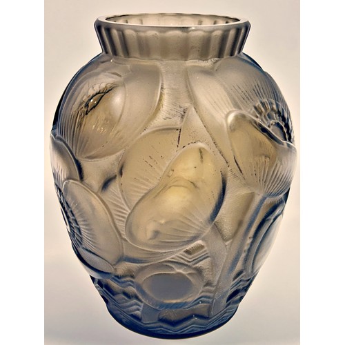 150 - Pierre D'Avesn, a French frosted smoked glass vase of baluster form with angular rim, decorated with... 