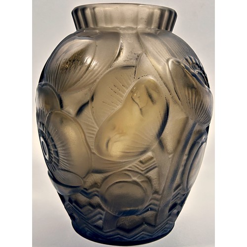 150 - Pierre D'Avesn, a French frosted smoked glass vase of baluster form with angular rim, decorated with... 